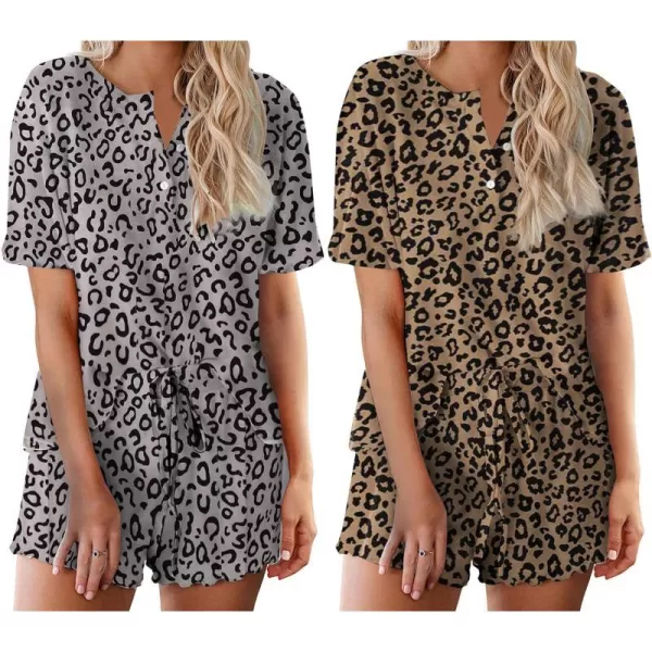 Ekouaer 2 Pack Womens Pajama Sets Short Sleeve Top with Shorts Soft Comfy Loungewear Sleepwear SXXLGp8gray Leopardbrown Leopard