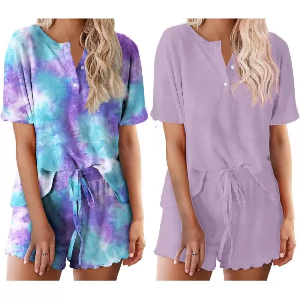 Ekouaer 2 Pack Womens Pajama Sets Short Sleeve Top with Shorts Soft Comfy Loungewear Sleepwear SXXLGp9tie Dye Blue Purplelight Purple