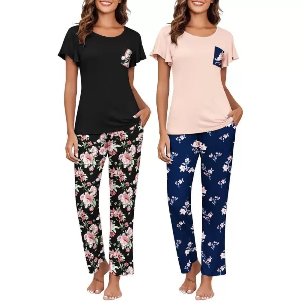 Ekouaer 2 Pack Womens Pajama Sets Short Sleeve with Long Pajama Pant Set Soft Sleepwear Printed Pj Lounge Set with PocketsBlack Floralpink Floral