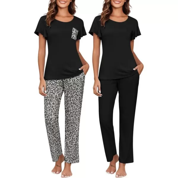 Ekouaer 2 Pack Womens Pajama Sets Short Sleeve with Long Pajama Pant Set Soft Sleepwear Printed Pj Lounge Set with PocketsBlackleopard Print