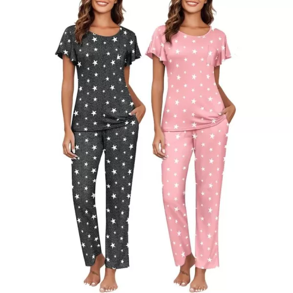 Ekouaer 2 Pack Womens Pajama Sets Short Sleeve with Long Pajama Pant Set Soft Sleepwear Printed Pj Lounge Set with PocketsGray Star  Pink Star