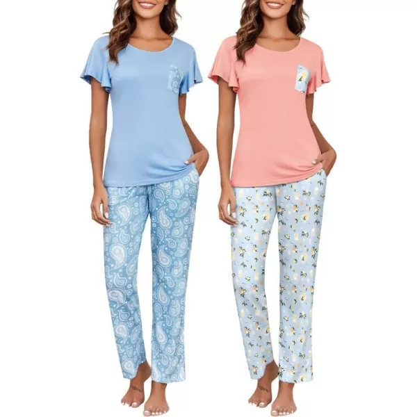 Ekouaer 2 Pack Womens Pajama Sets Short Sleeve with Long Pajama Pant Set Soft Sleepwear Printed Pj Lounge Set with PocketsLight Blue Floralpink Fruit