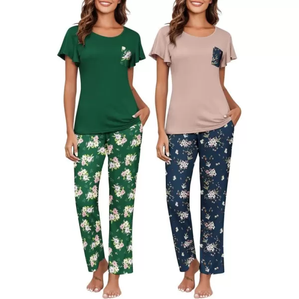 Ekouaer 2 Pack Womens Pajama Sets Short Sleeve with Long Pajama Pant Set Soft Sleepwear Printed Pj Lounge Set with PocketsLotus Color Floralgreen Floral