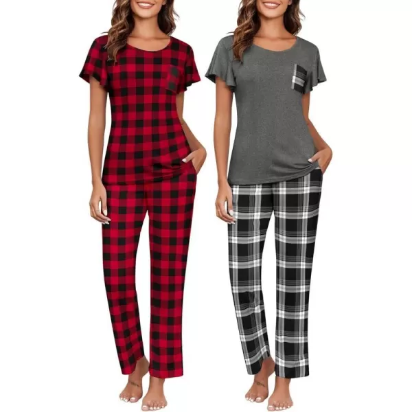 Ekouaer 2 Pack Womens Pajama Sets Short Sleeve with Long Pajama Pant Set Soft Sleepwear Printed Pj Lounge Set with PocketsRed Plaidblack Plaid