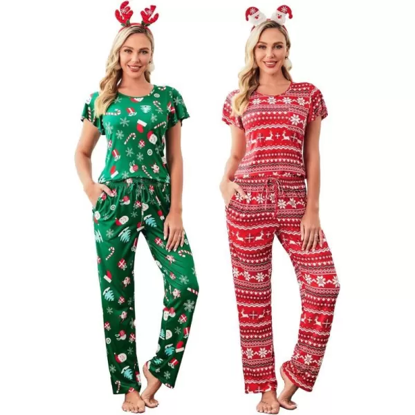 Ekouaer 2 Pack Womens Pajama Sets Short Sleeve with Long Pajama Pant Set Soft Sleepwear Printed Pj Lounge Set with PocketsRed Snowflakegreen Santa Claus