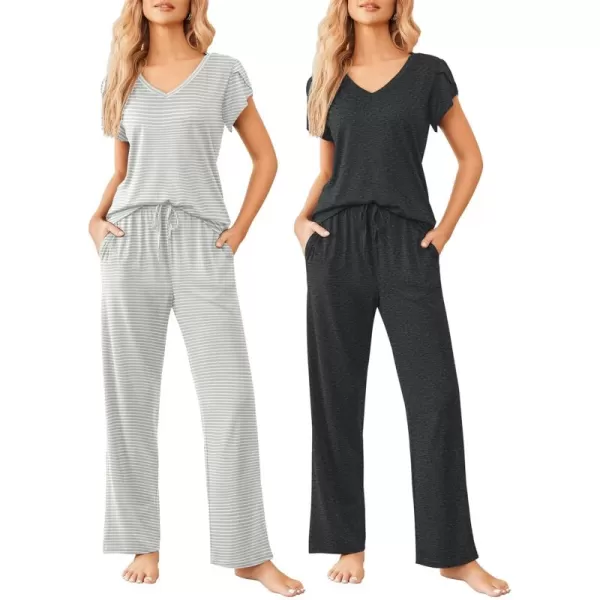 Ekouaer 2 Pack Womens Pajamas Short Sleeve Sleepwear Top with Pants SuperSoft Printed Lounge Sets SXXLGray Gray Stripe