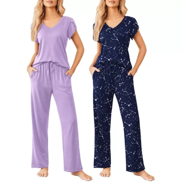 Ekouaer 2 Pack Womens Pajamas Short Sleeve Sleepwear Top with Pants SuperSoft Printed Lounge Sets SXXLLilac DotsNavy Star