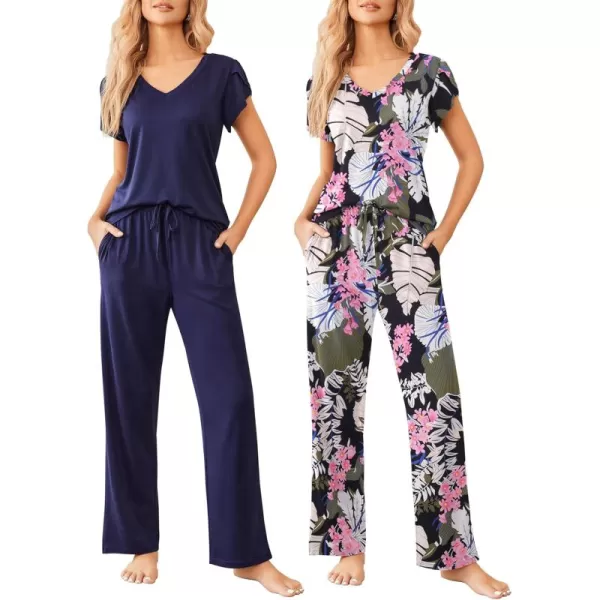 Ekouaer 2 Pack Womens Pajamas Short Sleeve Sleepwear Top with Pants SuperSoft Printed Lounge Sets SXXLNavyLeaf Pink