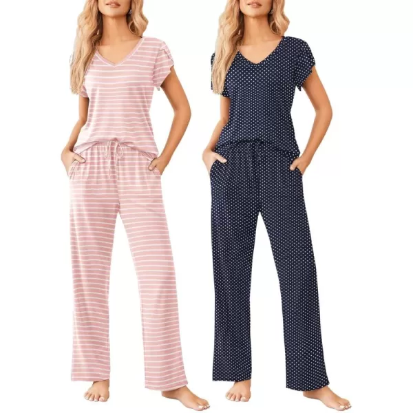 Ekouaer 2 Pack Womens Pajamas Short Sleeve Sleepwear Top with Pants SuperSoft Printed Lounge Sets SXXLPink StripeNavy Dots