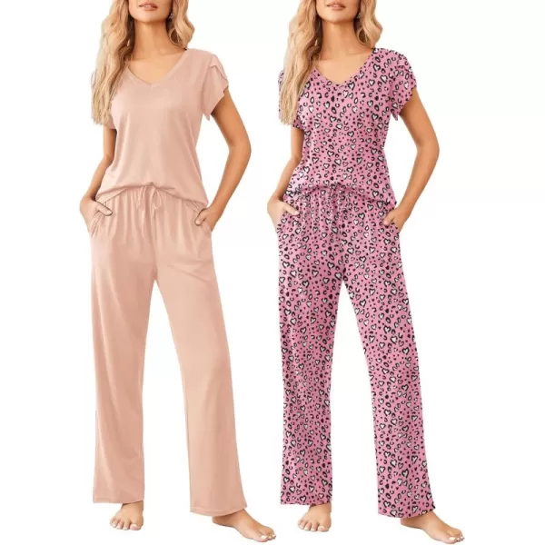 Ekouaer 2 Pack Womens Pajamas Short Sleeve Sleepwear Top with Pants SuperSoft Printed Lounge Sets SXXLPinkPink Leopard