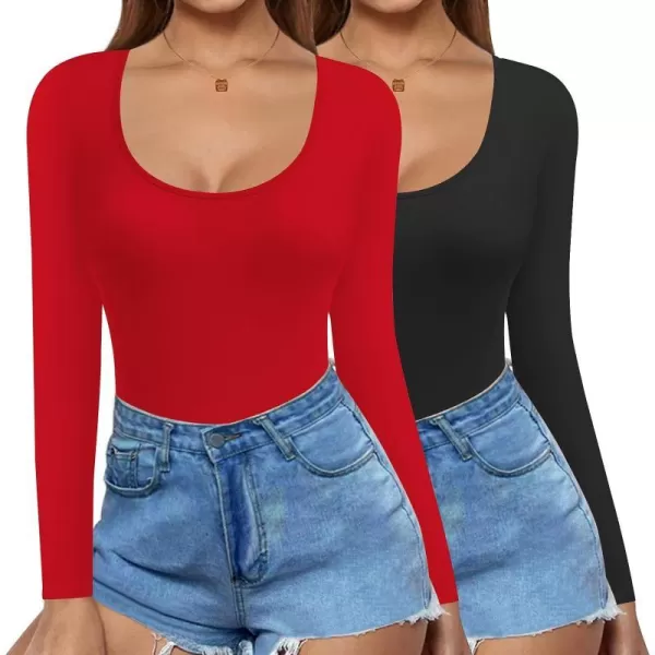 Ekouaer 2 Pack Womens Scoop Neck Tops Long Sleeve Slim Fit T Shirt Thermal Shirts Basic Tight Tee XSXXL2pcsblackred