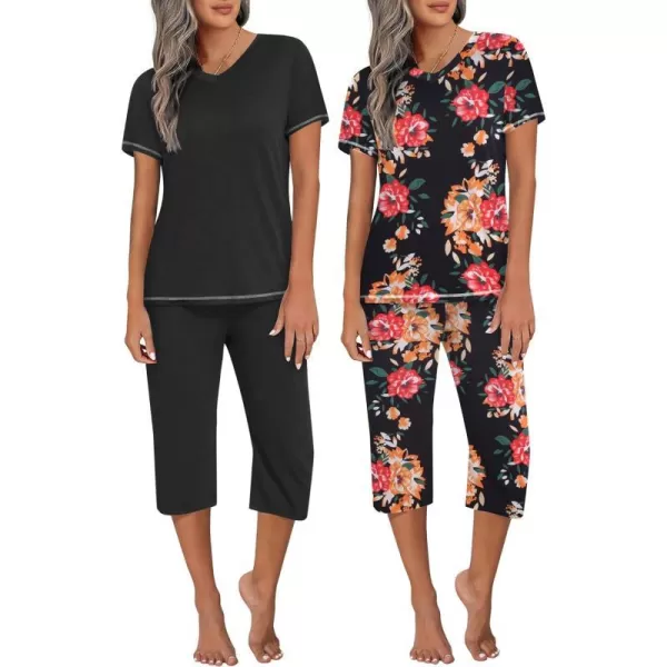 Ekouaer 2 Pack Womens Sleepwear Capri Pajama Sets Short Sleeve TwoPiece Pjs V Neck Tops  Capri Pants with Pockets S3XLBlack Flowerblack