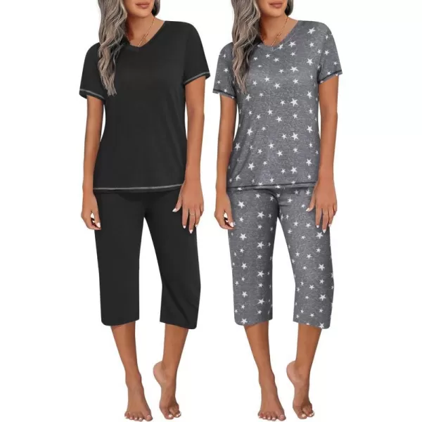 Ekouaer 2 Pack Womens Sleepwear Capri Pajama Sets Short Sleeve TwoPiece Pjs V Neck Tops  Capri Pants with Pockets S3XLBlackgrey Star