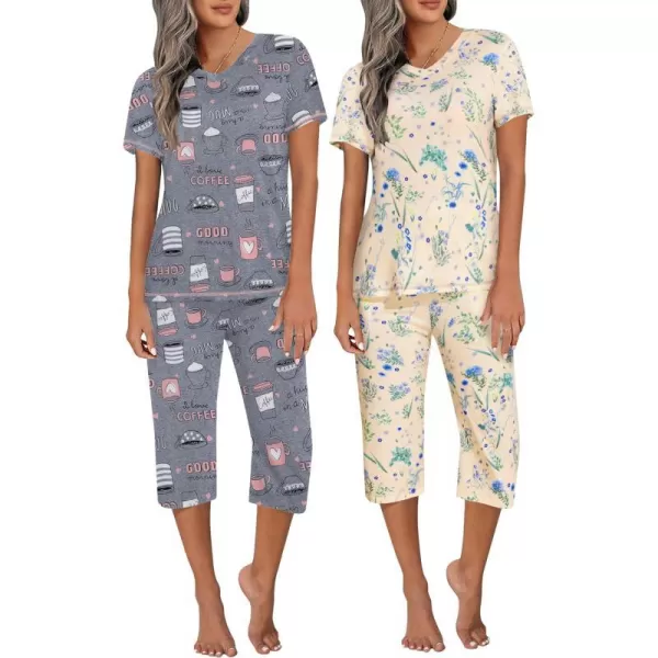 Ekouaer 2 Pack Womens Sleepwear Capri Pajama Sets Short Sleeve TwoPiece Pjs V Neck Tops  Capri Pants with Pockets S3XLBlue Floralcoffee