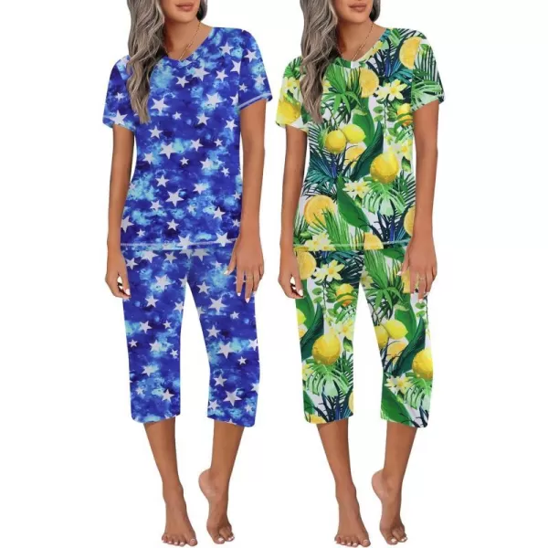 Ekouaer 2 Pack Womens Sleepwear Capri Pajama Sets Short Sleeve TwoPiece Pjs V Neck Tops  Capri Pants with Pockets S3XLBlue Starlemon