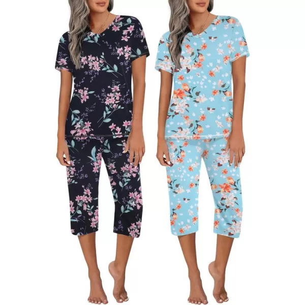 Ekouaer 2 Pack Womens Sleepwear Capri Pajama Sets Short Sleeve TwoPiece Pjs V Neck Tops  Capri Pants with Pockets S3XLGreen Flowersblack Big Flowers