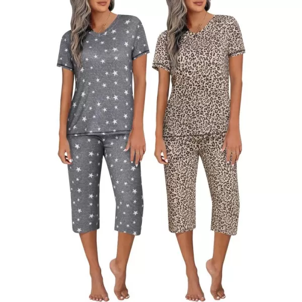 Ekouaer 2 Pack Womens Sleepwear Capri Pajama Sets Short Sleeve TwoPiece Pjs V Neck Tops  Capri Pants with Pockets S3XLGrey Starleopard