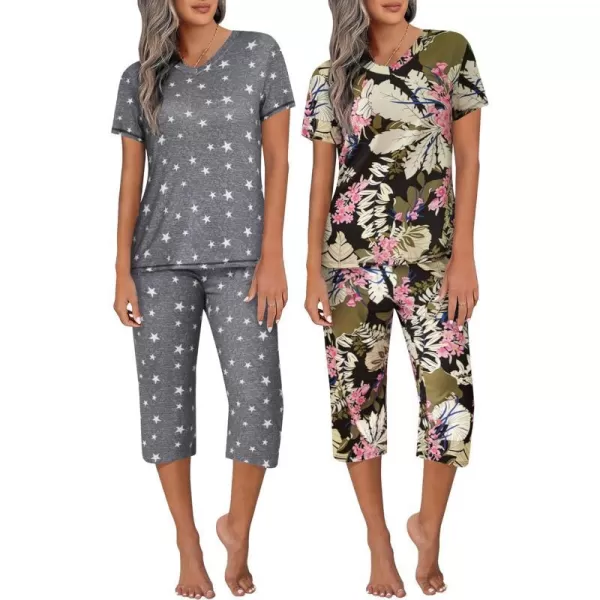 Ekouaer 2 Pack Womens Sleepwear Capri Pajama Sets Short Sleeve TwoPiece Pjs V Neck Tops  Capri Pants with Pockets S3XLLeaf Pinkgrey Star