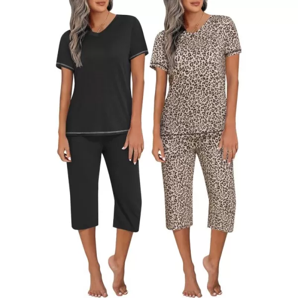 Ekouaer 2 Pack Womens Sleepwear Capri Pajama Sets Short Sleeve TwoPiece Pjs V Neck Tops  Capri Pants with Pockets S3XLLeopardblack