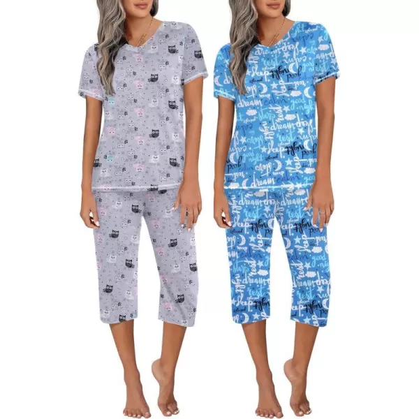 Ekouaer 2 Pack Womens Sleepwear Capri Pajama Sets Short Sleeve TwoPiece Pjs V Neck Tops  Capri Pants with Pockets S3XLOwlsenjoy Night