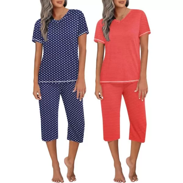 Ekouaer 2 Pack Womens Sleepwear Capri Pajama Sets Short Sleeve TwoPiece Pjs V Neck Tops  Capri Pants with Pockets S3XLRed Stripeblue Polka Dot