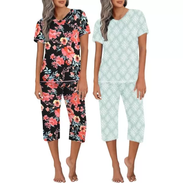 Ekouaer 2 Pack Womens Sleepwear Capri Pajama Sets Short Sleeve TwoPiece Pjs V Neck Tops  Capri Pants with Pockets S3XLRed Yellow Flowerlight Green Flower