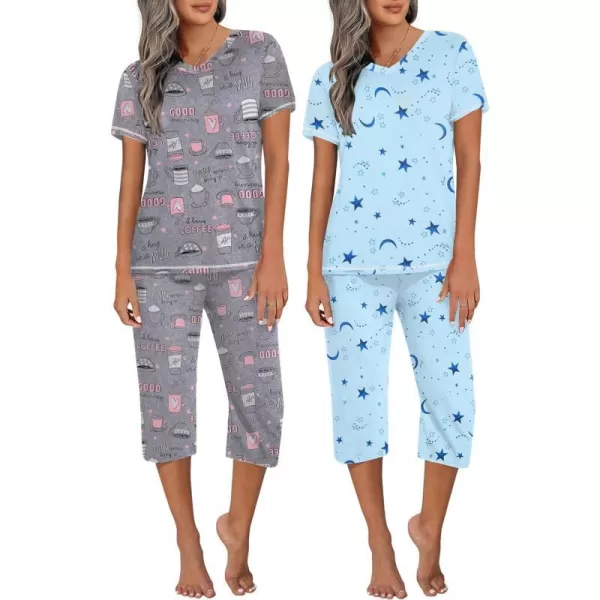 Ekouaer 2 Pack Womens Sleepwear Capri Pajama Sets Short Sleeve TwoPiece Pjs V Neck Tops  Capri Pants with Pockets S3XLStarcoffee