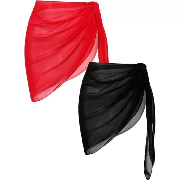 Ekouaer 2 Pcs Sarong Coverups for Women Beach Wrap Skirt Chiffon Swimsuit Coverup for Swimwear SXXLBlackred