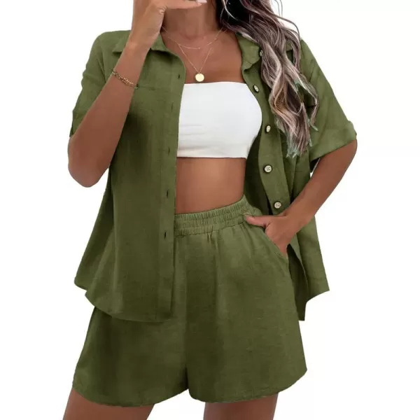 Ekouaer 2 Piece Linen Lounge Sets for Women Button Down Loungewear Tops and Shorts Pajama Set with PocketsArmy Green