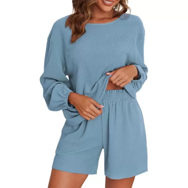 Ekouaer 2 Piece Outfits Womens Off Shoulder Pajama Set Oversized Long Sleeve Tracksuit Beach Cover Up Shorts SetDark Blue