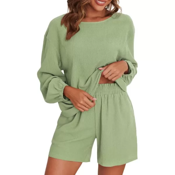 Ekouaer 2 Piece Outfits Womens Off Shoulder Pajama Set Oversized Long Sleeve Tracksuit Beach Cover Up Shorts SetLight Green