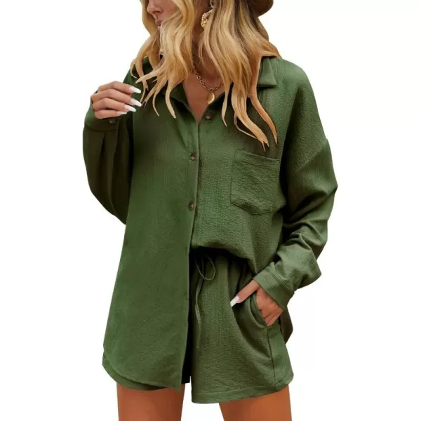 Ekouaer 2 Piece Outfits for Women Fall Lounge Set Long Sleeve Button Down Shirt and Casual Shorts with Pockets TracksuitArmy Green