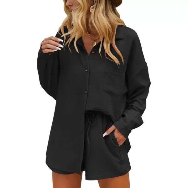 Ekouaer 2 Piece Outfits for Women Fall Lounge Set Long Sleeve Button Down Shirt and Casual Shorts with Pockets TracksuitBlack