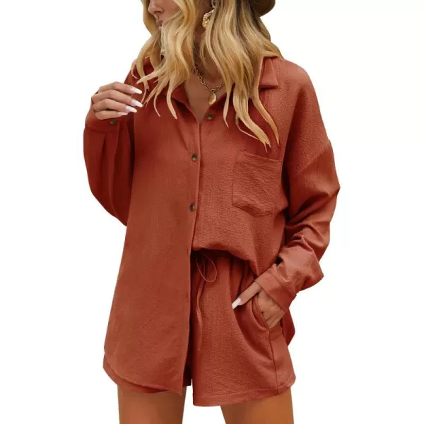 Ekouaer 2 Piece Outfits for Women Fall Lounge Set Long Sleeve Button Down Shirt and Casual Shorts with Pockets TracksuitCaramel