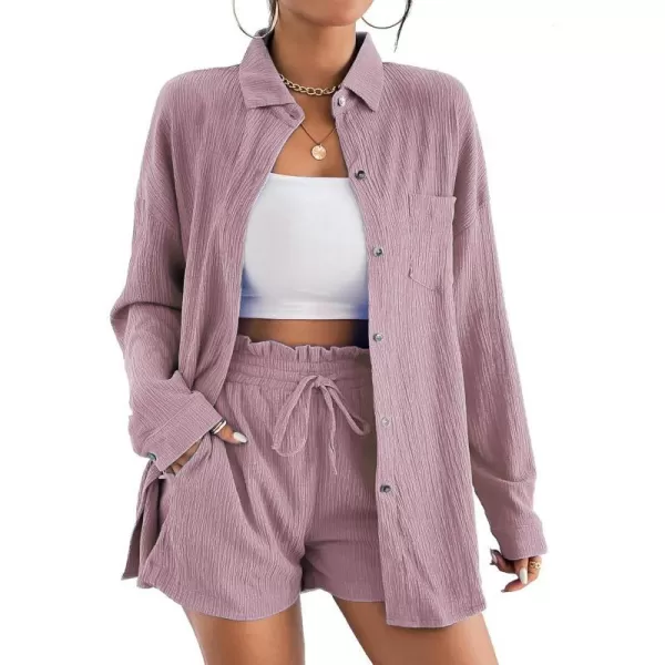 Ekouaer 2 Piece Outfits for Women Fall Lounge Set Long Sleeve Button Down Shirt and Casual Shorts with Pockets TracksuitDusty Pink