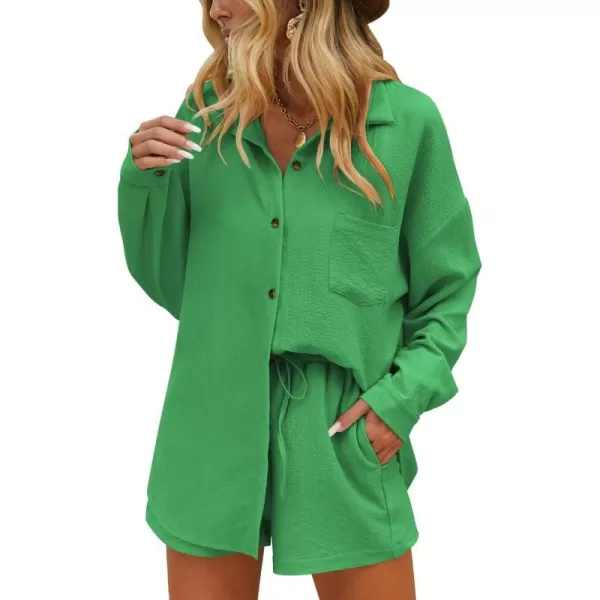 Ekouaer 2 Piece Outfits for Women Fall Lounge Set Long Sleeve Button Down Shirt and Casual Shorts with Pockets TracksuitGreen