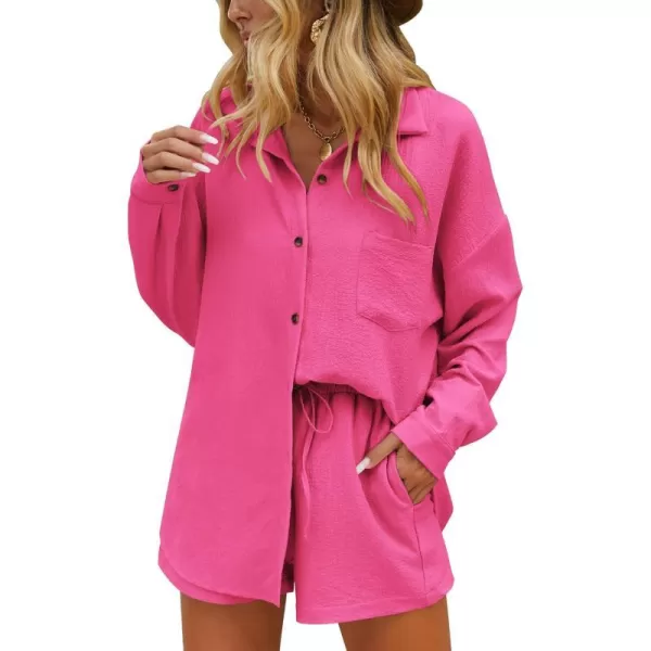 Ekouaer 2 Piece Outfits for Women Fall Lounge Set Long Sleeve Button Down Shirt and Casual Shorts with Pockets TracksuitHot Pink