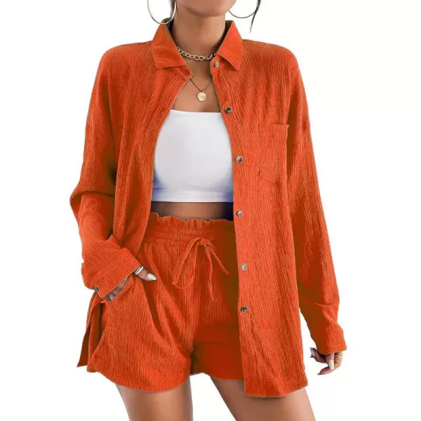 Ekouaer 2 Piece Outfits for Women Fall Lounge Set Long Sleeve Button Down Shirt and Casual Shorts with Pockets TracksuitOrange