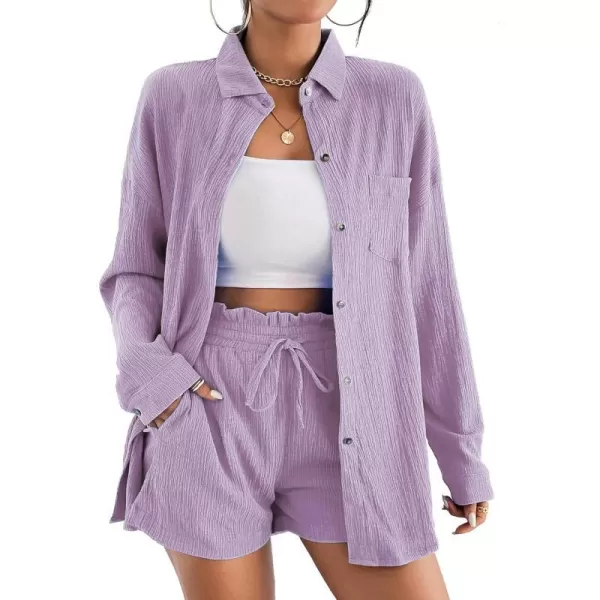 Ekouaer 2 Piece Outfits for Women Fall Lounge Set Long Sleeve Button Down Shirt and Casual Shorts with Pockets TracksuitPurple