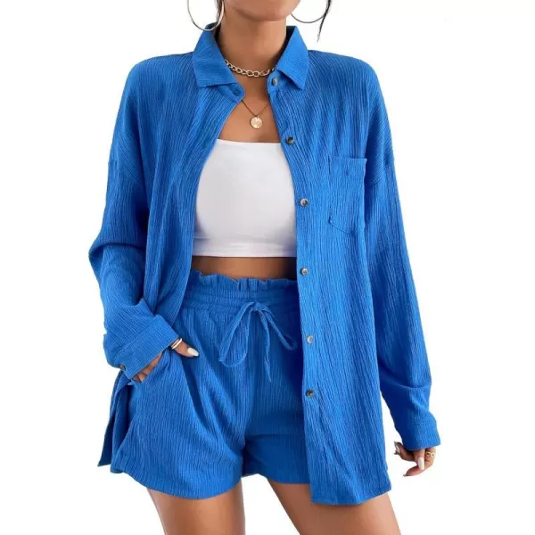 Ekouaer 2 Piece Outfits for Women Fall Lounge Set Long Sleeve Button Down Shirt and Casual Shorts with Pockets TracksuitSnorkel Blue