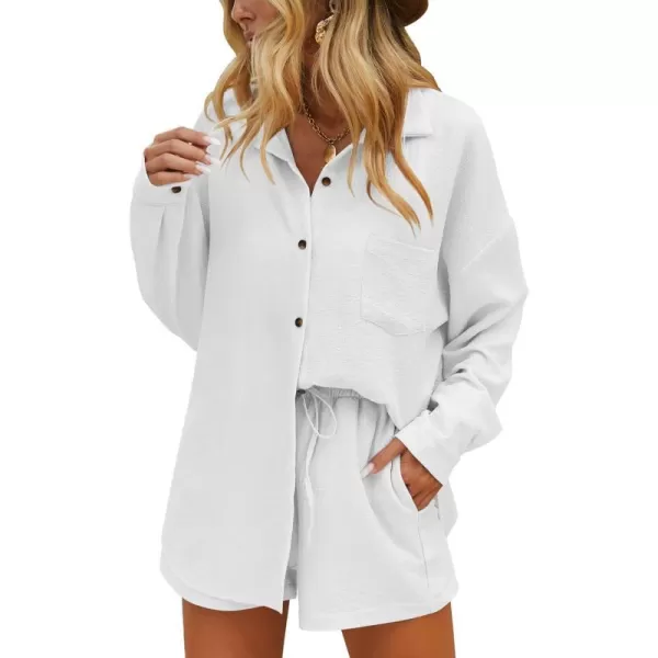 Ekouaer 2 Piece Outfits for Women Fall Lounge Set Long Sleeve Button Down Shirt and Casual Shorts with Pockets TracksuitWhite