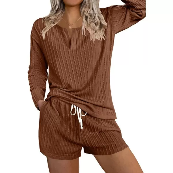 Ekouaer 2 Piece Pajamas Sets Women Ribbed Knit Cozy Long Sleeve Sleepwear Shorts Lounge Set with PocketsZlong Sleevebrown