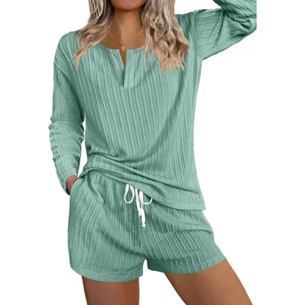 Ekouaer 2 Piece Pajamas Sets Women Ribbed Knit Cozy Long Sleeve Sleepwear Shorts Lounge Set with PocketsZlong Sleevegreen