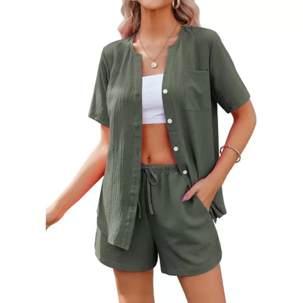 Ekouaer 2 Piece Set for Women Short Sleeve V Neck Vacation Outfits 2024 Casual Loungewear with Pockets for Summer SXXLArmy Green