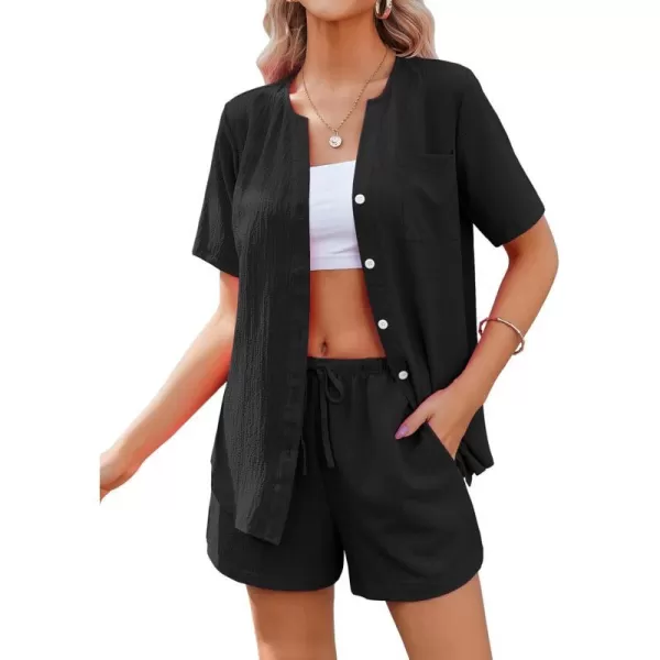 Ekouaer 2 Piece Set for Women Short Sleeve V Neck Vacation Outfits 2024 Casual Loungewear with Pockets for Summer SXXLBlack