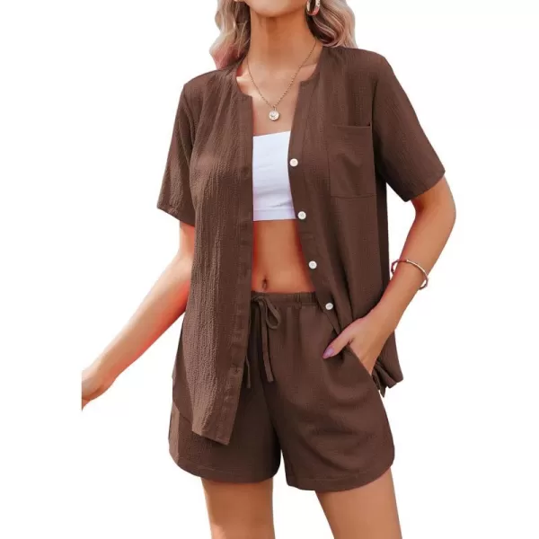 Ekouaer 2 Piece Set for Women Short Sleeve V Neck Vacation Outfits 2024 Casual Loungewear with Pockets for Summer SXXLBrown