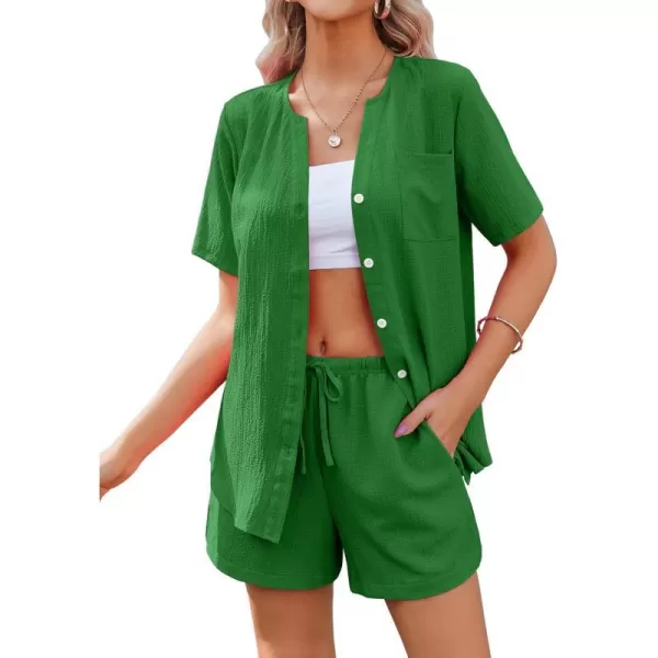 Ekouaer 2 Piece Set for Women Short Sleeve V Neck Vacation Outfits 2024 Casual Loungewear with Pockets for Summer SXXLGreen