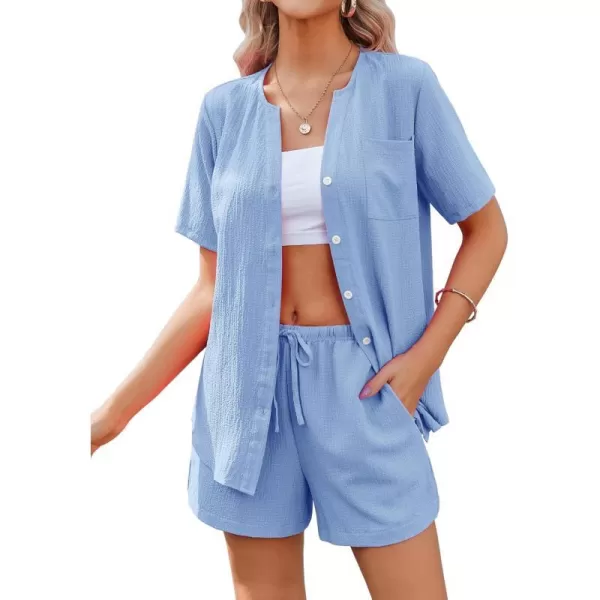 Ekouaer 2 Piece Set for Women Short Sleeve V Neck Vacation Outfits 2024 Casual Loungewear with Pockets for Summer SXXLLight Blue