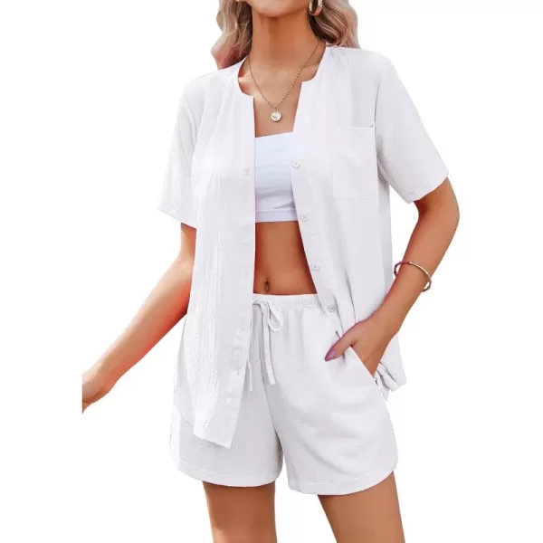 Ekouaer 2 Piece Set for Women Short Sleeve V Neck Vacation Outfits 2024 Casual Loungewear with Pockets for Summer SXXLWhite