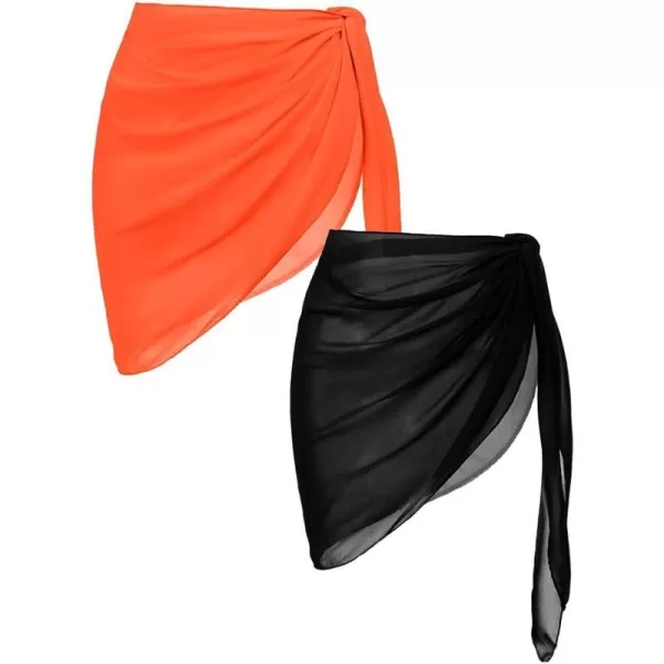 Ekouaer 2 Pieces Women Beach Sarongs Sheer Cover Ups Chiffon Bikini Wrap Skirt for Swimwear SXXLBlack02 Fluorescent Orange